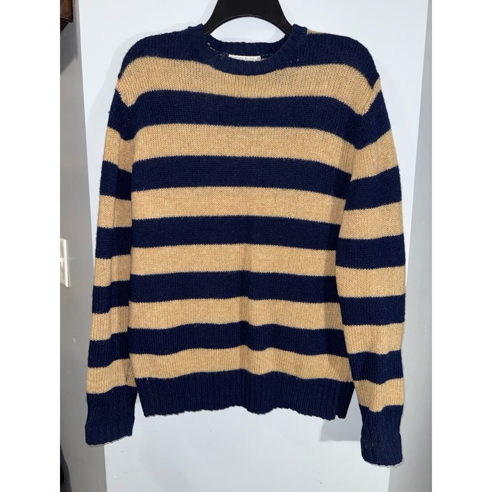 Vintage Cranmore 100% Shetland wool tan navy striped sweater hand framed knitted
